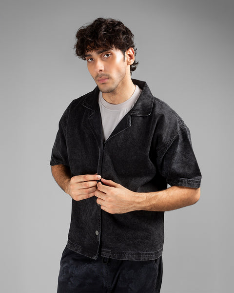 Black Acid Wash Cuban Shirt // UNISEX