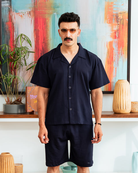 Navy Blue Cuban Shirt - Relaxed Fit