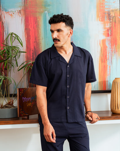 Navy Blue Cuban Shirt - Relaxed Fit