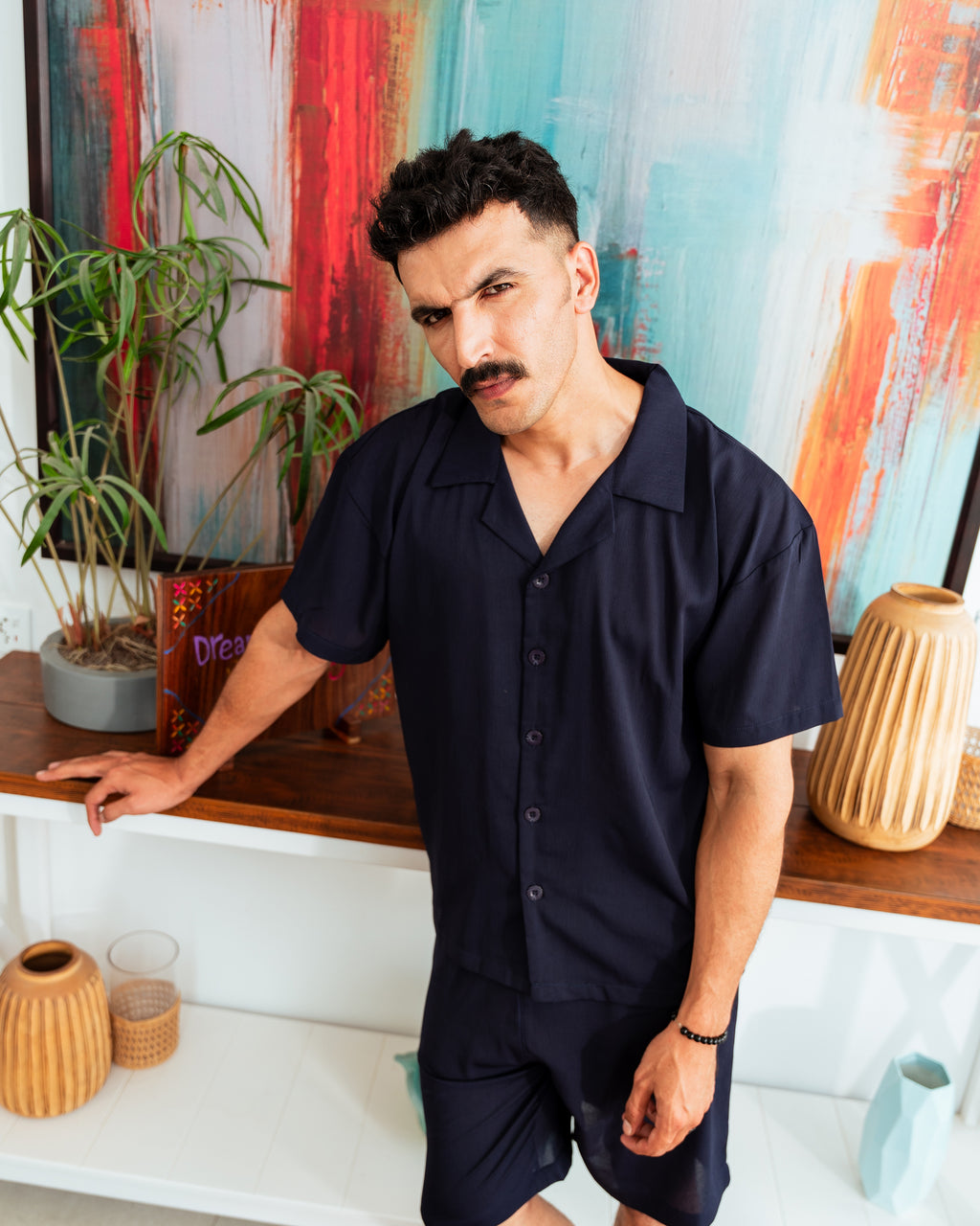 Navy Blue Cuban Shirt - Relaxed Fit