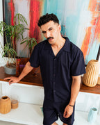 Navy Blue Cuban Shirt - Relaxed Fit