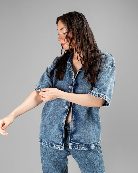 Light Blue Acid Wash Cuban Shirt // UNISEX