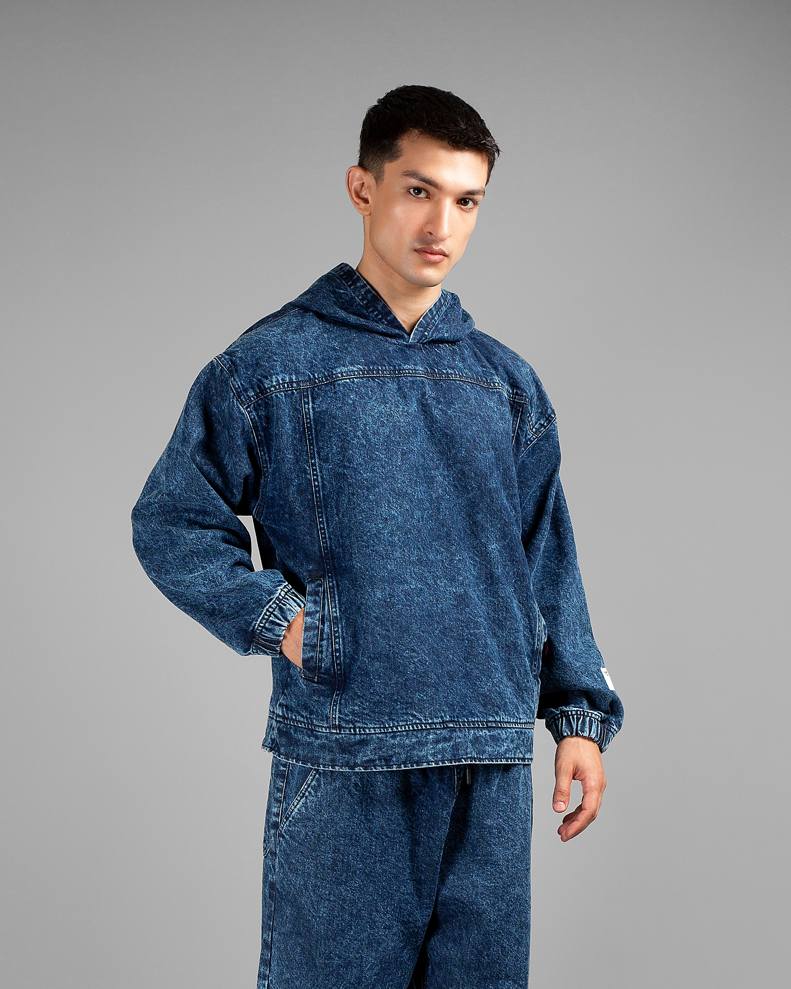 Dark Blue Acid Wash Hoodie with Boxy Stitching // UNISEX Main image