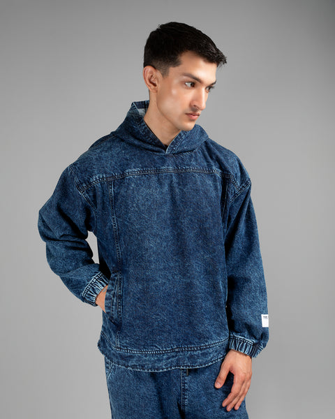 Dark Blue Acid Wash Hoodie with Boxy Stitching // UNISEX