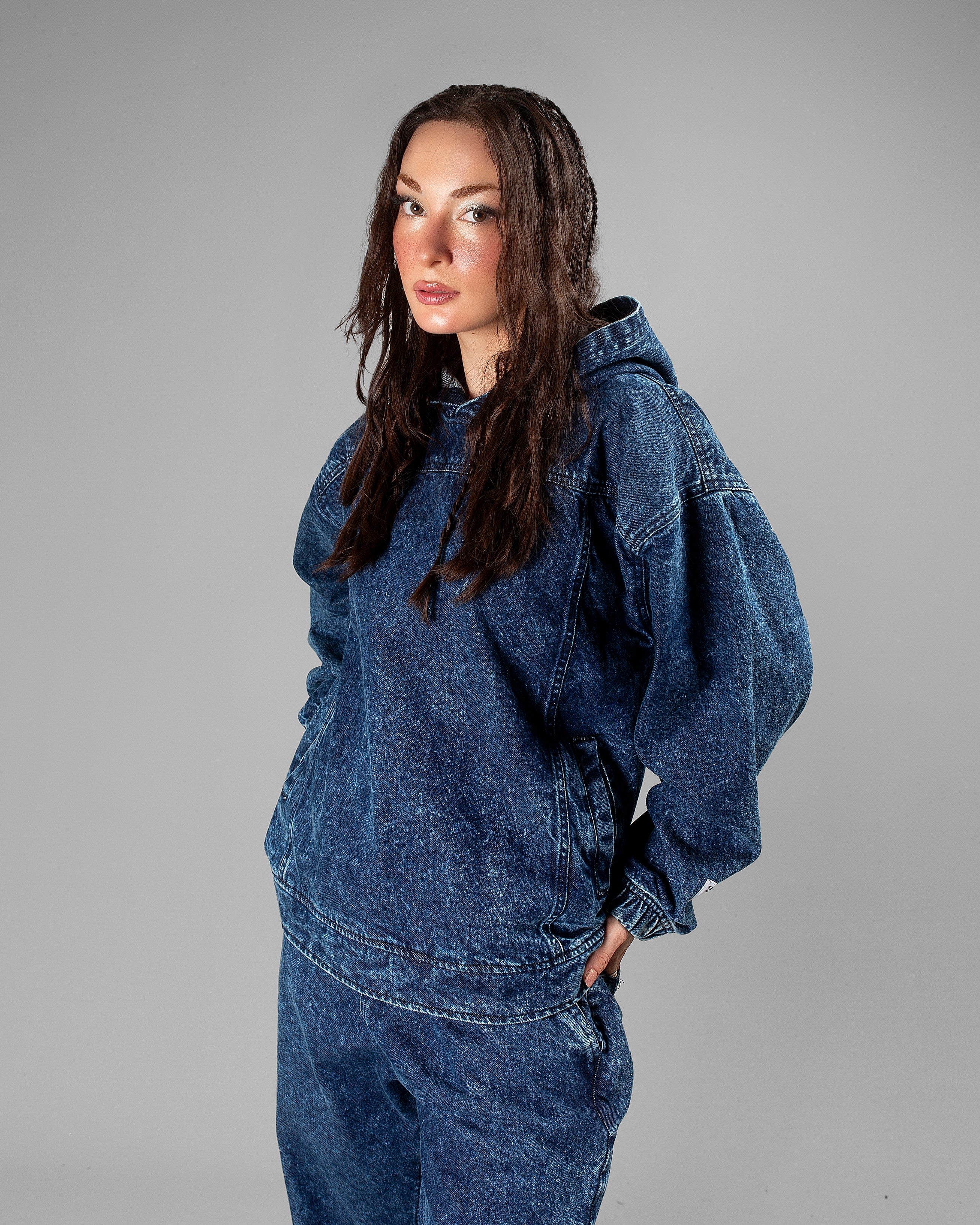 Dark Blue Acid Wash Hoodie with Boxy Stitching // UNISEX Secondary image