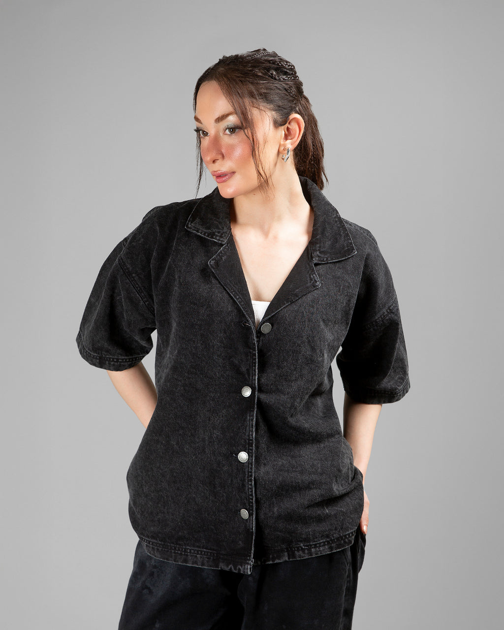 Black Acid Wash Cuban Shirt // UNISEX