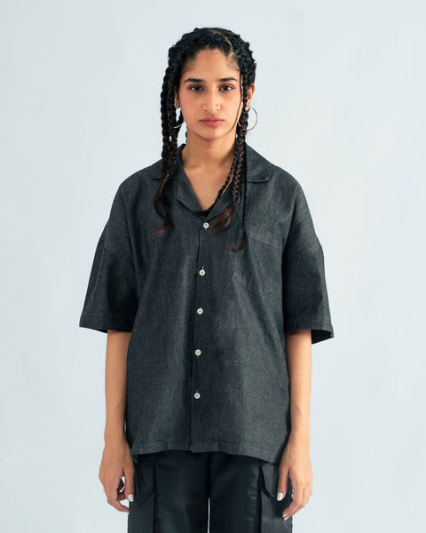 Vintage Black Denim Cuban Shirt- UNISEX