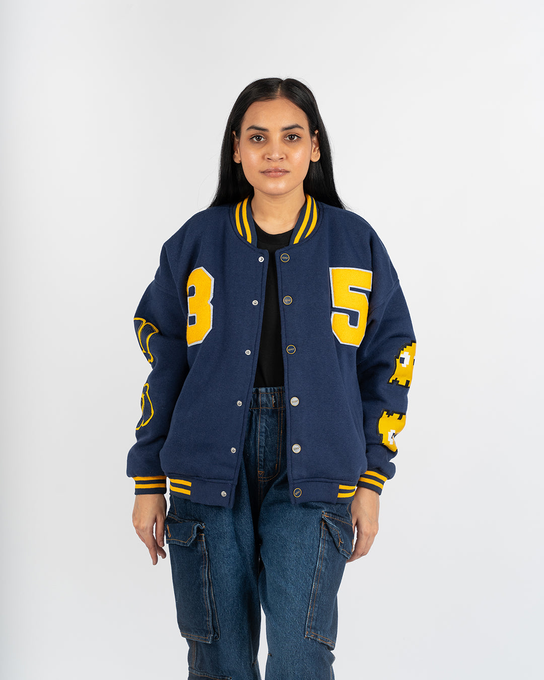 Oversized Navy Dopamine Baseball Jacket- UNISEX