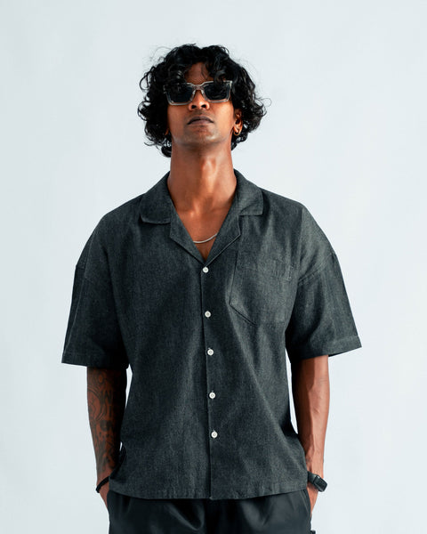 Vintage Black Denim Cuban Shirt- UNISEX