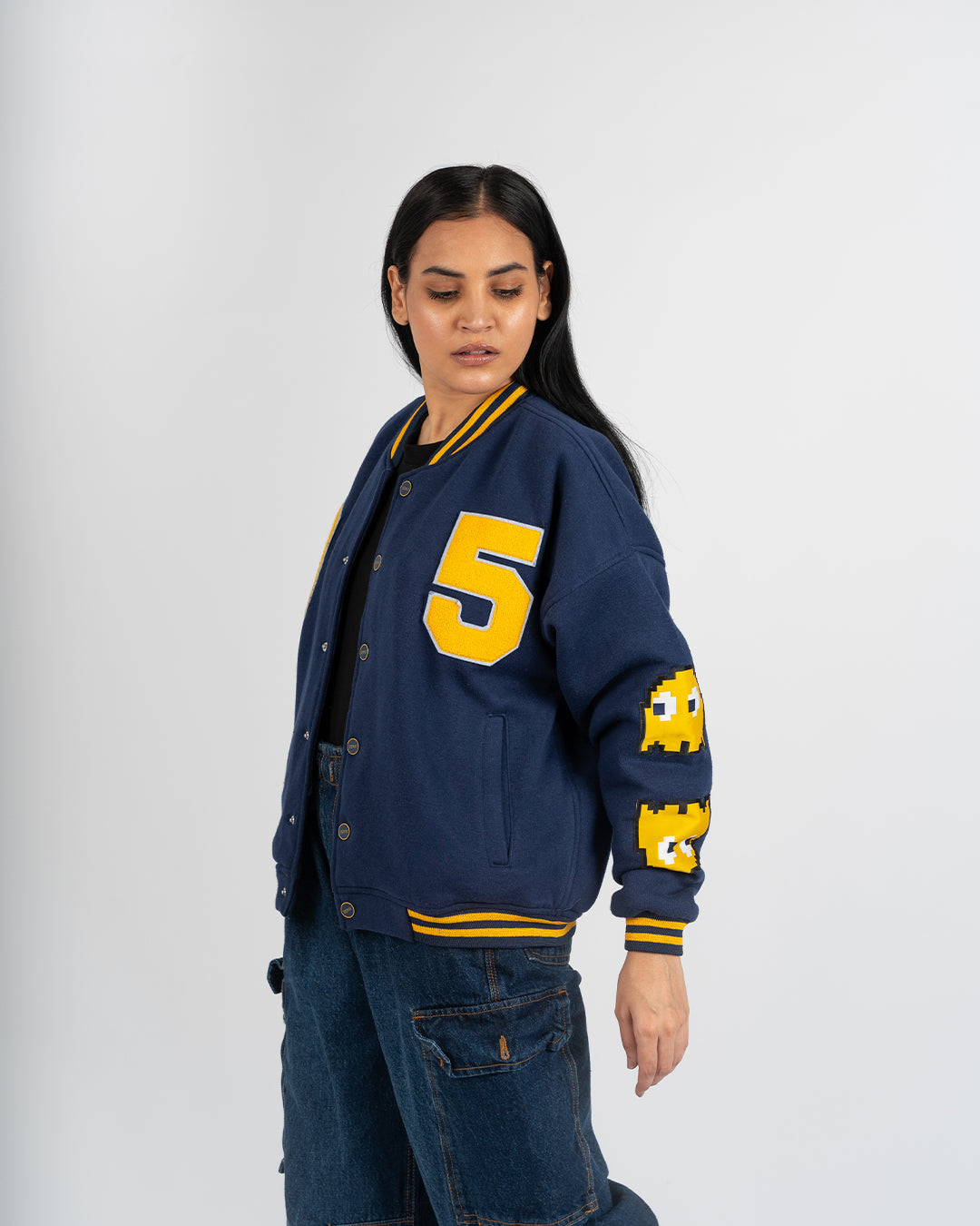 Oversized Navy Dopamine Baseball Jacket- UNISEX