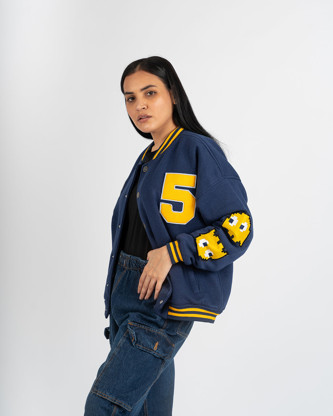 Oversized Navy Dopamine Baseball Jacket- UNISEX