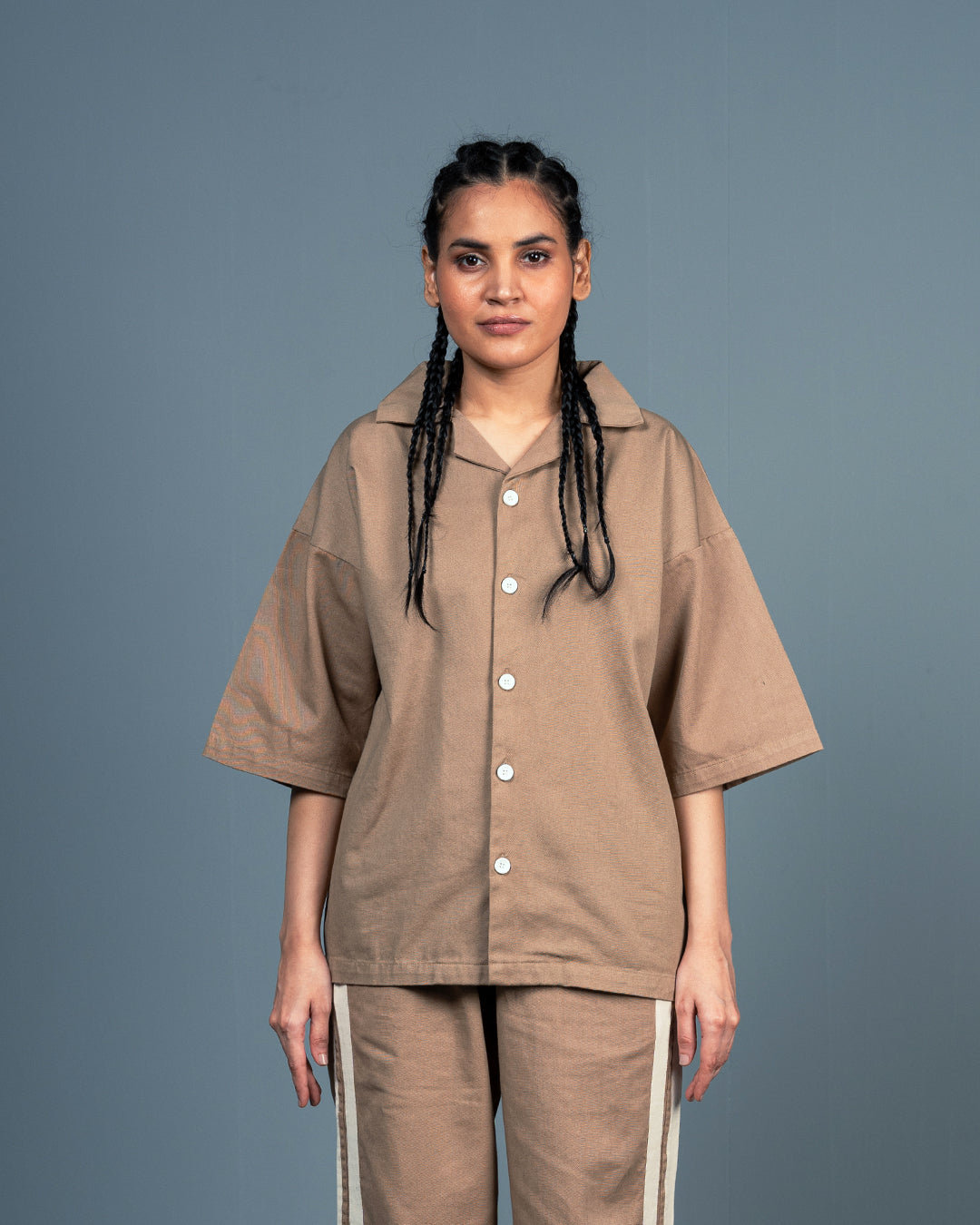 Brown Twill Cuban Shirt - Oversized Fit