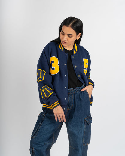 Oversized Navy Dopamine Baseball Jacket- UNISEX