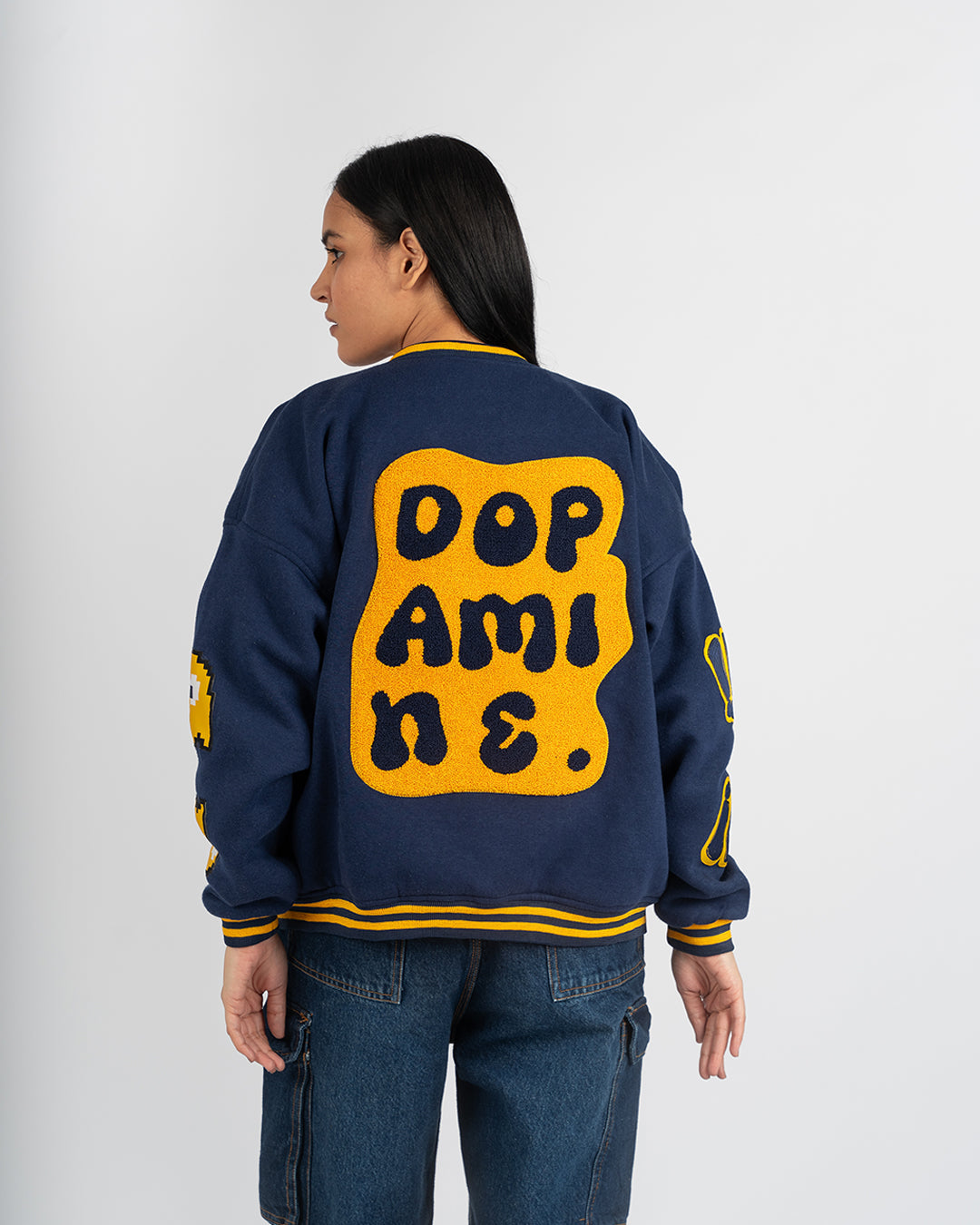 Oversized Navy Dopamine Baseball Jacket- UNISEX