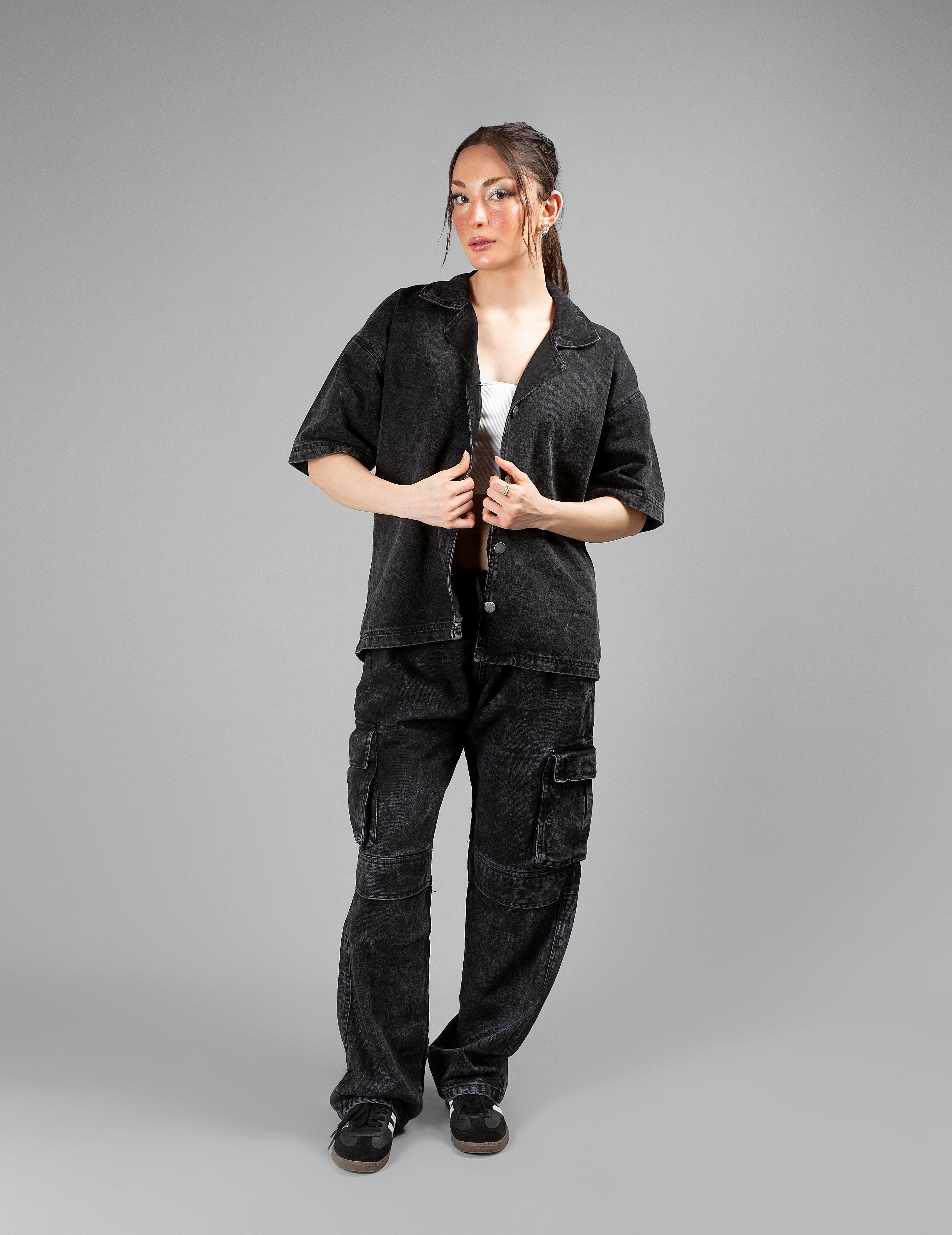 Black Acid Wash Cuban Shirt // UNISEX