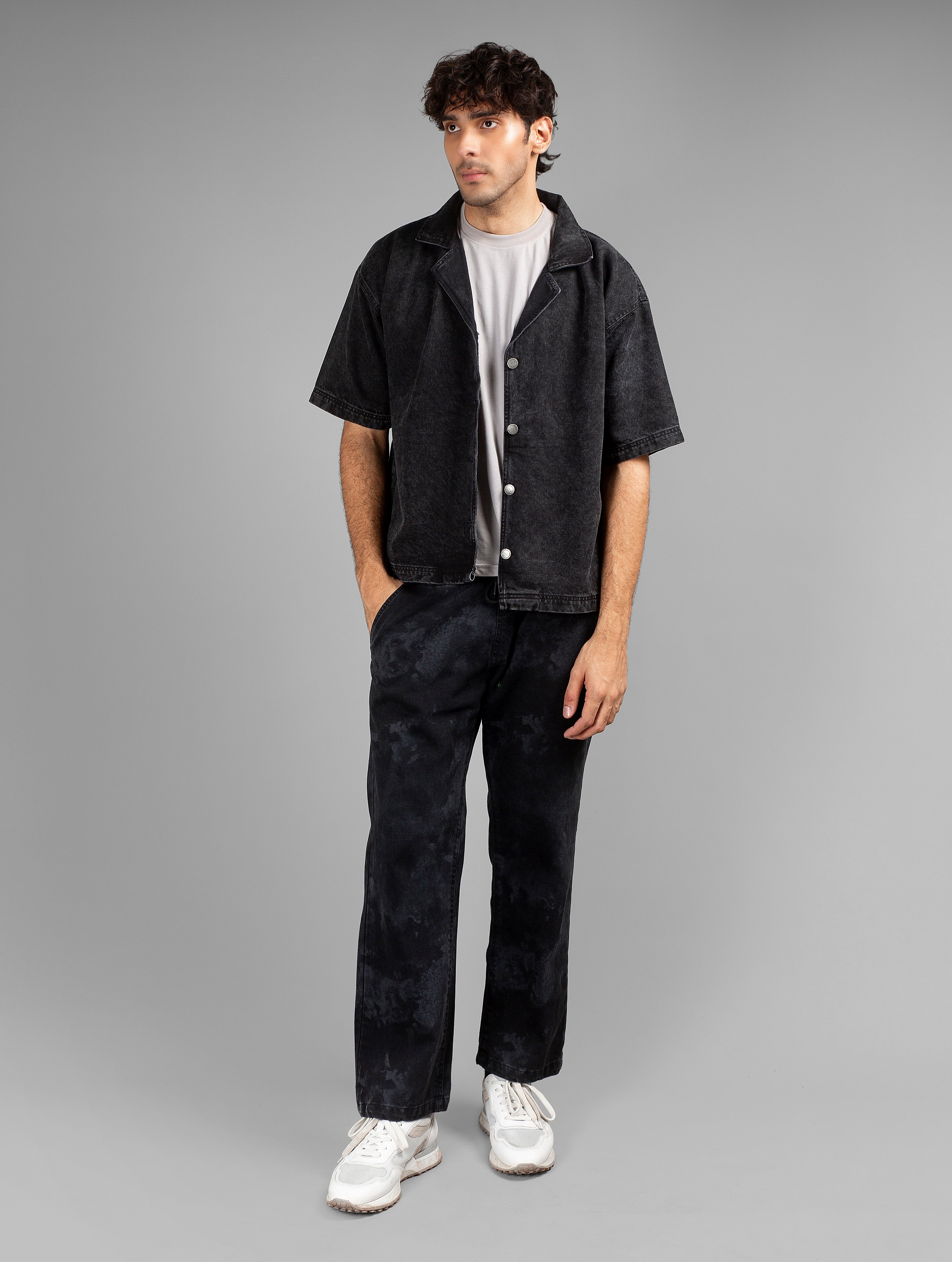 Black Acid Wash Cuban Shirt // UNISEX