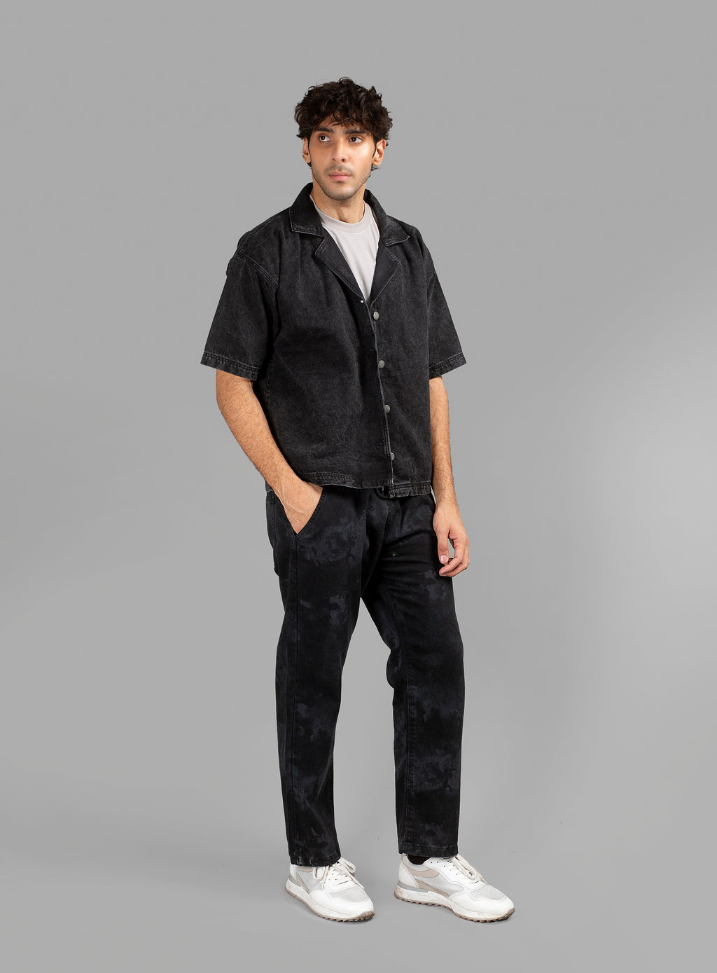 Black Acid Wash Cuban Shirt // UNISEX