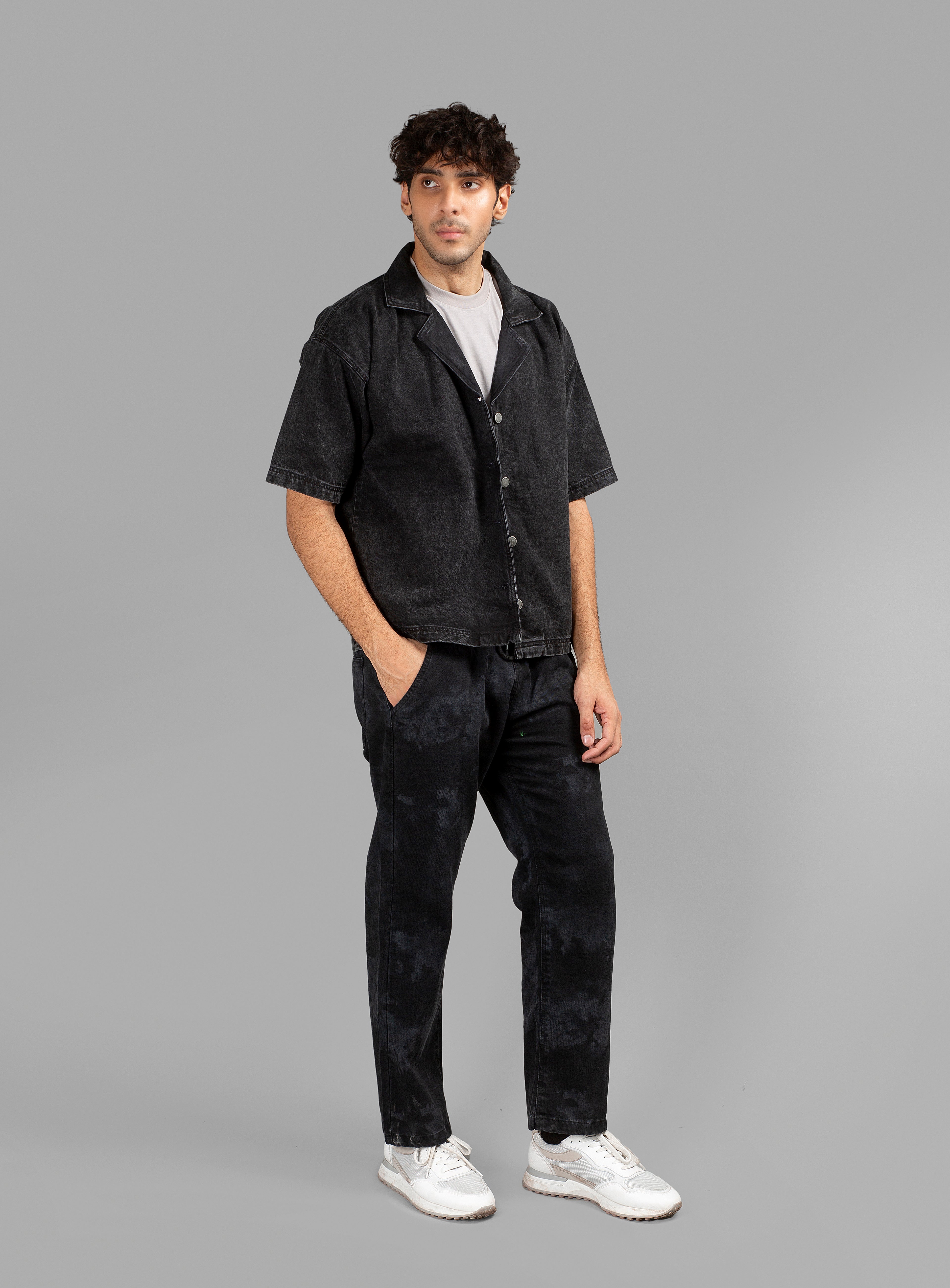 Black Acid Wash Cuban Shirt // UNISEX