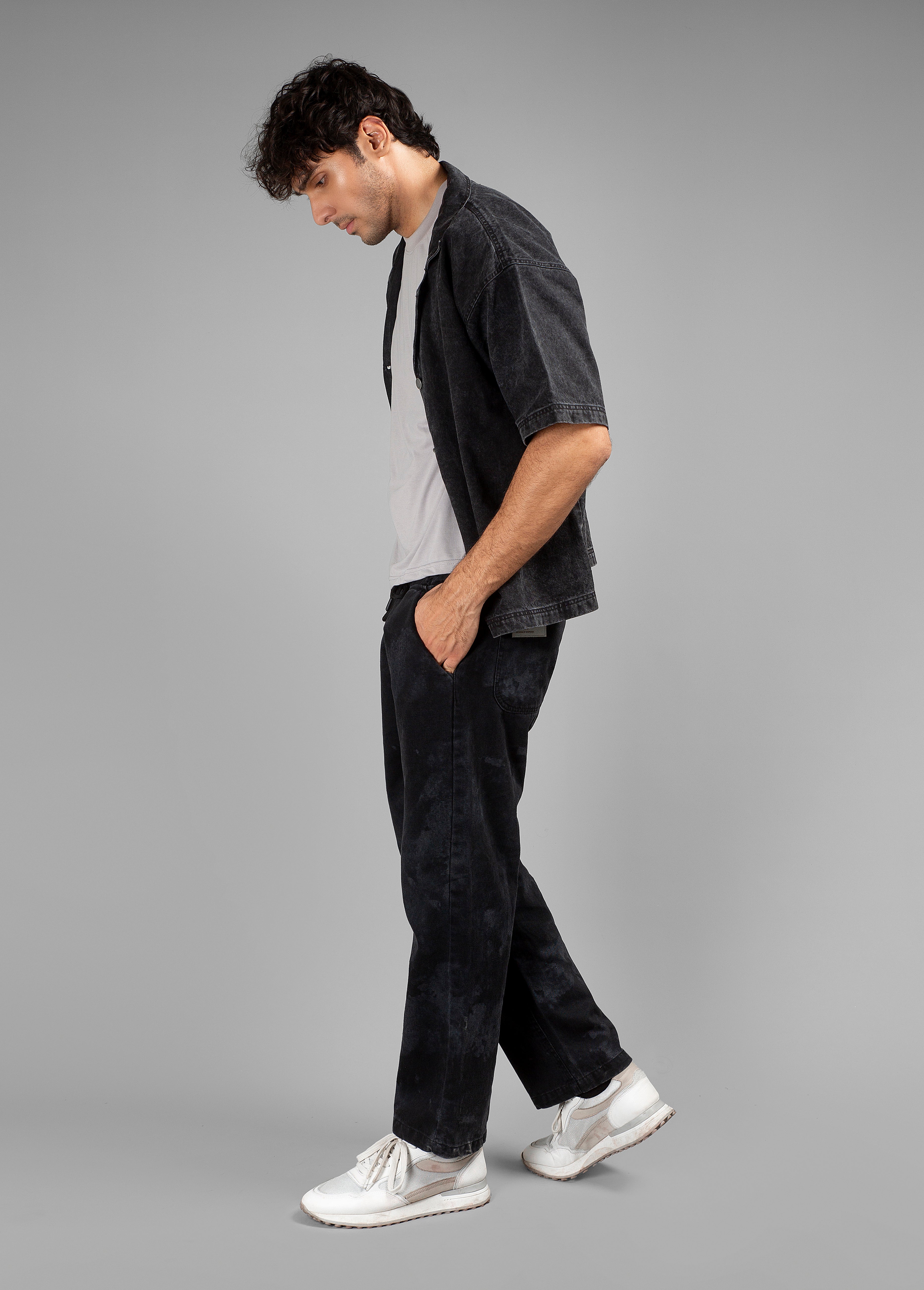 Black Acid Wash Cuban Shirt // UNISEX